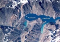 A satellite view of Lake Sarez and the Usoi dam, at left (NASA)