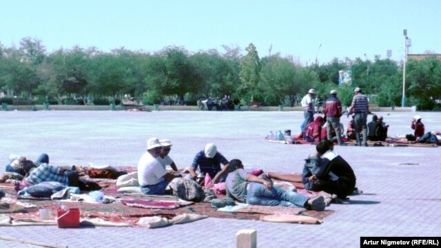 Striking oil workers camp out in Zhanaozen's main square. Asked why they didn't move to the shade, they answered that it was the principle of the thing: the center of the square, the heart of the strike, should never be empty.
