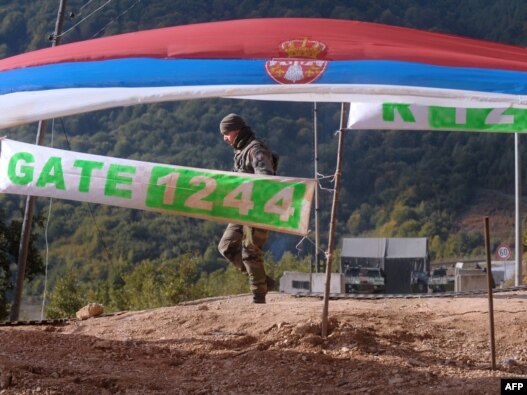 A French KFOR soldier patrols at the Serbia-Kosovo border crossing of Brnjak