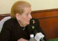 Madeleine Albright speaking to RFE/RL in Baku