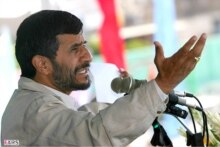 Iran – Politics – President Mahmud Ahmadinejad (portrait, speech) at a rally, July 2006. Source: Fars.
