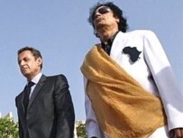 Libyan leader Muammar Qaddafi (right) with French President Nicolas Sarkozy in Tripoli one day after the release of the Bulgarian medics (file photo) (AFP)