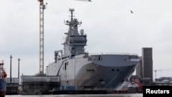 The Mistral-class helicopter carrier "Vladivostok" is seen at the STX Les Chantiers de l'Atlantique shipyard site in Saint-Nazaire, western France, in April.