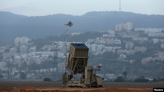 An Israeli Iron Dome rocket interceptor battery is deployed near the northern city of Haifa on January 28, one of two deployed to the area.