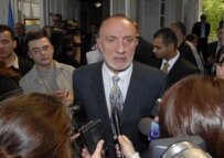 Georgia's Minister for Conflict Resolution, Giorgi Khaindrava, talks to reporters after a meeting of the Georgian-Abkhazian Coordinating Council in Tbilisi today (InterPressNews)