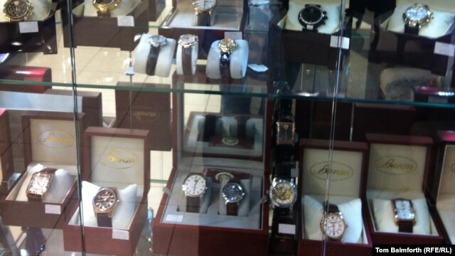 Jewelry in a kiosk outside Moscow's Christ the Savior Cathedral