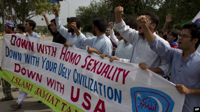 Pakistani students of the Islam-e Jamiat party rally to condemn a meeting organized by the U.S. Embassy supporting gay rights in Islamabad in July.