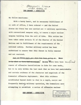 The first page of a speech President John F. Kennedy had prepared in the event of a U.S. attack on Soviet installations in Cuba