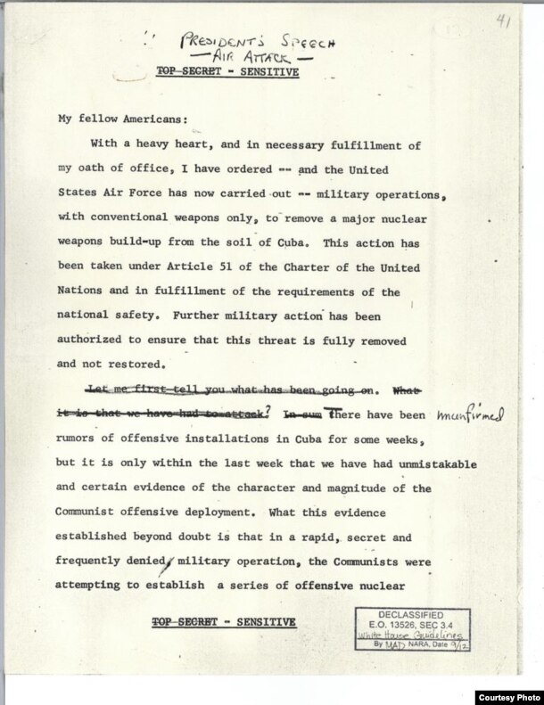 The first page of a speech President John F. Kennedy had prepared in the event of a U.S. attack on Soviet installations in Cuba