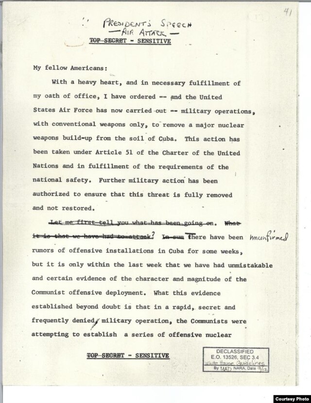 The first page of a speech President John F. Kennedy had prepared in the event of a U.S. attack on Soviet installations in Cuba