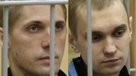 A combo photo of Uladzislau Kavalyou (left) and Dzmitry Kanavalau during a court hearing in Minsk in September 2011.