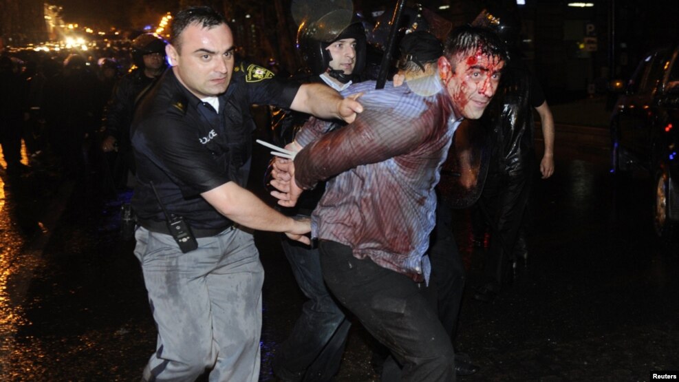 The four photographers have claimed that the case against them was retaliation for their coverage of an attack in Tbilisi on May 26, 2011 by heavily armed security personnel on demonstrators calling for the resignation of then-Georgian President Mikheil Saakashvili (file photo).