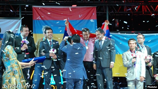 Turkey - Members of the Armenian men's team are crowned winners of the 2012 World Chess Olympiad in Istanbul, 9Sept2012.
