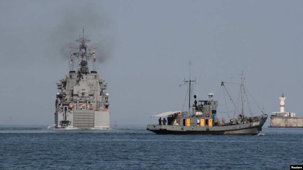 A Russian warship leaves the Black Sea port of Sevastopol (file photo)
