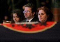 The family of deceased Kosovo President Rugova paying respects before his coffin in Pristina today (epa)