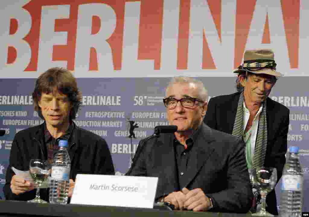 Jagger (left), Richards (right), and U.S. film director Martin Scorsese discuss Scorsese's Rolling Stones concert film "Shine A Light" at the Berlin International Film Festival in 2008.
