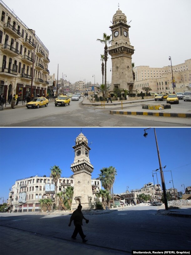 The clock tower of Bab al-Faraj Square is still standing, though piles of rubble show nearby damage.