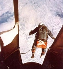 Kittinger steps off the gondola to begin his record-setting free-fall to Earth (Courtesy Photo)