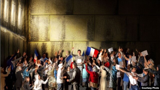 One of the "We [too] are the nation" campaign posters -- echoing a Jacques-Louis David painting that depicts a key meeting in the run-up to the French Revolution -- mounted in the Paris Metro.