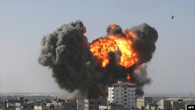 An explosion following an Israeli air strike in the southern Gaza Strip town of Rafah on January 13.