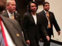 Secretary Rice leaving a conference session on May 3 (AFP)