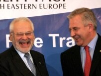 Prime Minister Sanader (right) with EU envoy for the Stability Pact for South Eastern Europe Erhard Busek in Bucharest in April (epa)