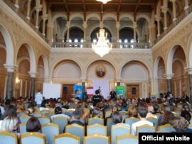 An audience gathers for the first day of the poetry festival Meridian Czernowitz in Chernivtsi, Ukraine.