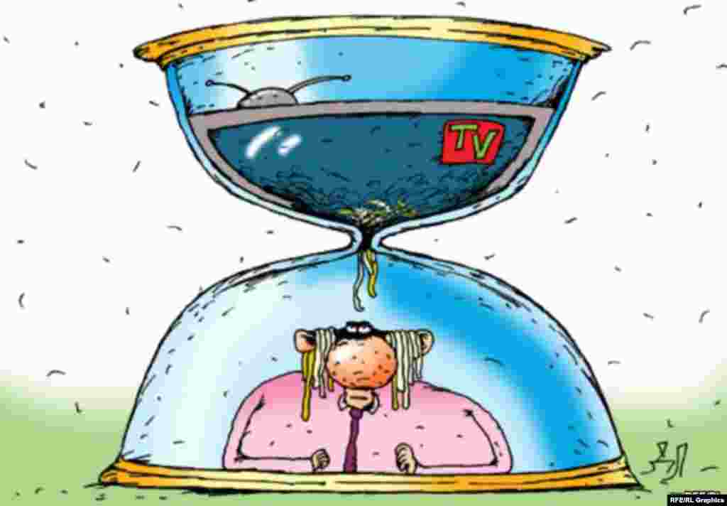 “The Time Will Come.” DL plays on the Russian idiom “to hang noodles on someone’s ears,” which means to tell lies. In this cartoon, it’s Belarusian TV that is doing the noodle hanging.