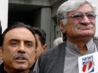 Asif Ali Zardari (left) of the Pakistan People Party and Asfandyar Wali the Awami National Party talk to journalists in Islamabad (epa)