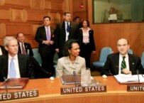 U.S. Secretary of State Condoleezza Rice (center) with unidentified State Department officials at the United Nations today (epa)