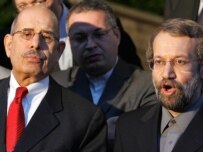 Larijani (right) with el-Baradei on June 22 (Fars)