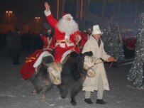A Kyrgyz Santa Claus arriving for the December 30 festival in Bishkek on his yak (RFE/RL)