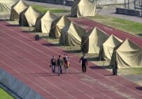 Tents for anti-globalization campaigners at the Kirov stadium in St. Petersburg (ITAR-TASS)