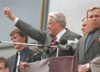Yeltsin leading a Moscow rally to celebrate the end of the August 1991 coup attempt (TASS)