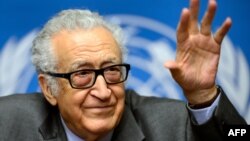 UN-Arab League envoy for Syria Lakhdar Brahimi gestures during a press briefing on peace talks at the United Nations headquarters on January 29 in Geneva.
