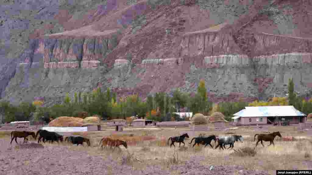 A view of the village of Depshaar, from the southern slopes of the Pamir Mountains. During the Soviet era, the villagers made many friends with Russian and other foreign mountaineers. Today, the adventure trade is a monopoly of the Tajik central government. Foreign tourists wishing to climb the former "Peak of Communism" are brought to the base camp or to a higher elevation by helicopter directly from the Tajik capital, Dushanbe. The former tourist camp near the village is now occupied by the military.