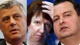 A combo photo shows Kosovar Prime Minister Hashim Thaci (left), EU foreign affairs chief Catherine Ashton, and Serbia's Prime Minister Ivica Dacic 