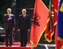 Presidents George W. Bush (left) and Alfred Moisiu in Tirana on June 10 (AFP)