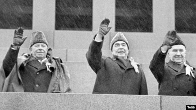 Late Soviet leader Leonid Brezhnev (center) with the president of the presidium of the U.S.S.R.'s Supreme Soviet Nikolai Podgorny and politburo member Andrei Kosygin during October Revolution anniversary celebrations in 1973. 