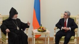Armenia - Catholicos Garegin II (L) meets President Serzh Sarkisian to congratulate him on winning a second term, Yerevan, 19Feb2013.