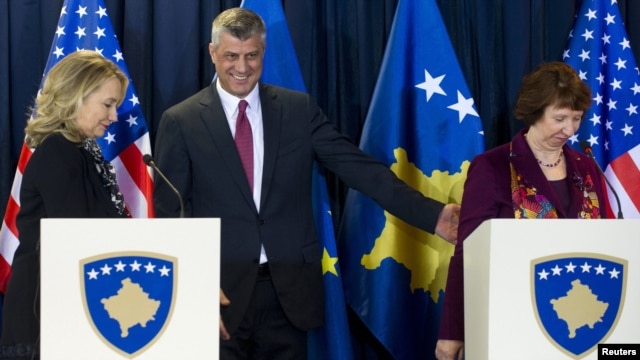 U.S. Secretary of State Hillary Clinton with Kosovar Prime Minister Hashim Thaci and EU foreign policy chief Catherine Ashton (left to right) after a news conference in Pristina on October 31.