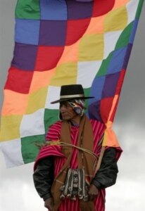 A native Bolivian holds a flag symbolizing the old Inca empire at an Indian ceremony to induct Evo Morales as Bolivia's president in January (AFP)