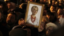 A supporter of opposition parties attends a protest rally and holds up a portrait of jailed opposition leader Yulia Tymoshenko, in Kyiv on November 12.