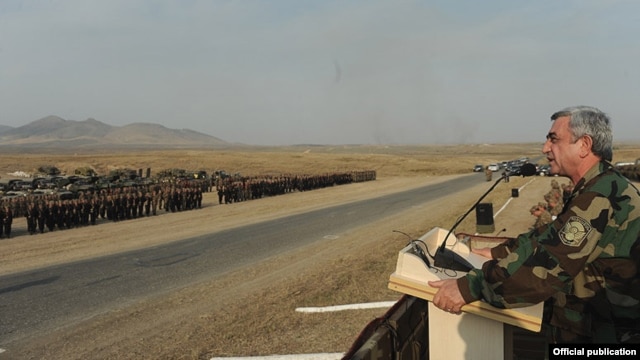 Nagorno-Karabakh - Armenian President Serzh Sarkisian addresses troops holding military exercises, 23Oct2012.