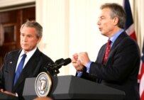 British Prime Minister Tony Blair (left) and U.S. President George W. Bush at a joint press conference, May 25 (epa)