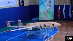 An Iranian drone during an unveiling ceremony in Tehran on September 23, some 2 1/2 years after Iran announced it had captured a U.S. RQ-170 Sentinel reconnaissance drone.