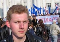 Uladzimir Shulzhytski at a Chornobyl demonstration in Minsk today (RFE/RL)