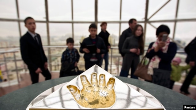 A gilded handprint of Kazakh President Nursultan Nazarbaev inside the 97-meter-high Baiterek Tower in Astana