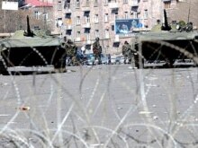 Armenia -- Armored vehicles patrol the streets of Yerevan, 02Mar2008