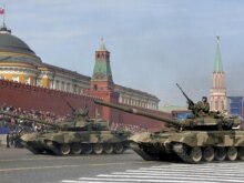 Russia - Show of strength.....T-90 tanks pass through the Red Square during the military parade, devoted to the 63rd anniversary of the victory over Nazi Germany, Moscow, 09May2008